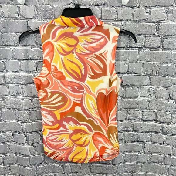 Cable and Gauge Blouse Womens Small Orange Floral Sleeveless Ruched Top V Neck - Picture 3 of 10